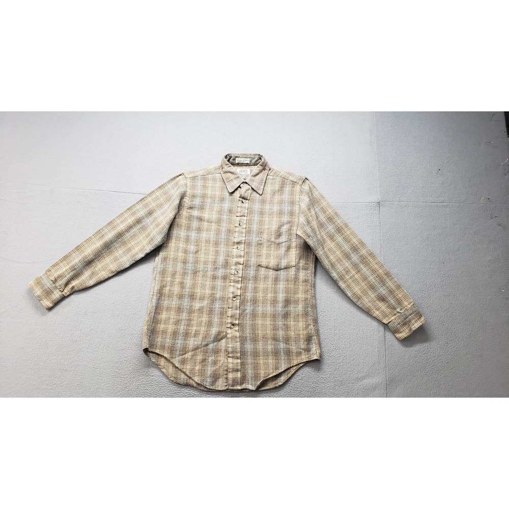 Vintage SERO Shirt Mens Medium Beige Plaid Flannel Button Up Wool Blend Casual